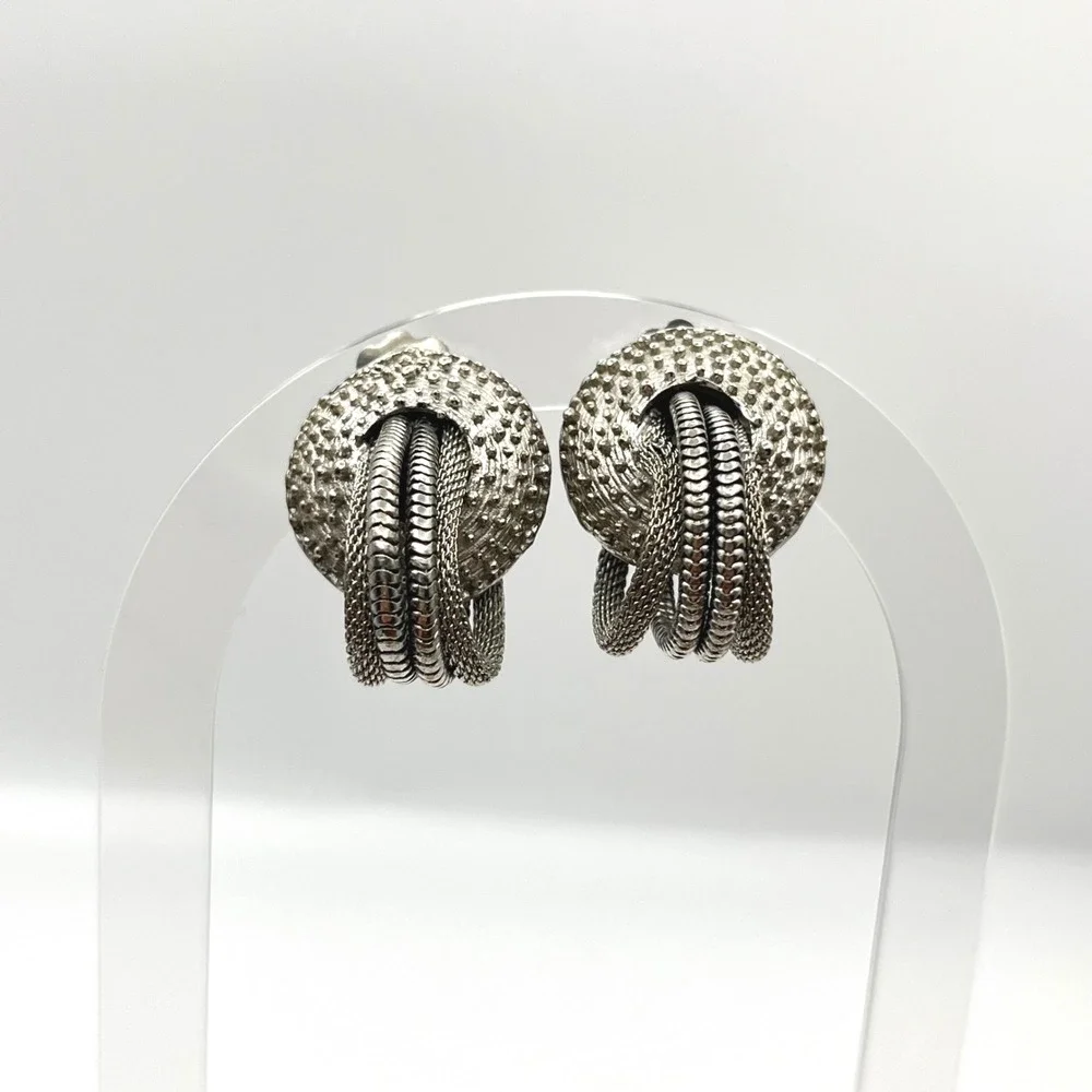Vintage‎ Silver Tone Mesh and Snake Chain Textured Dome Clip On Earrings